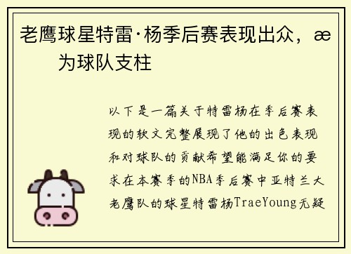 老鹰球星特雷·杨季后赛表现出众，成为球队支柱