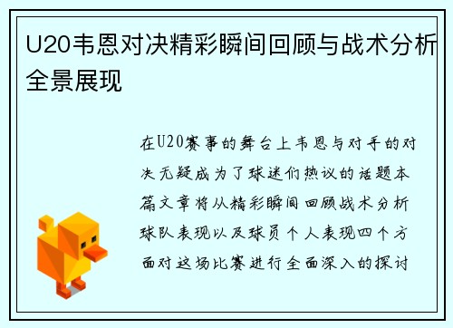U20韦恩对决精彩瞬间回顾与战术分析全景展现