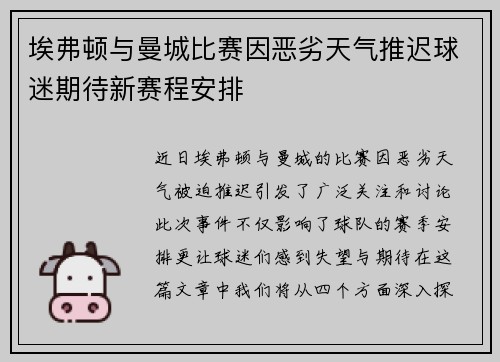 埃弗顿与曼城比赛因恶劣天气推迟球迷期待新赛程安排