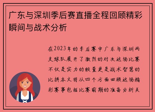 广东与深圳季后赛直播全程回顾精彩瞬间与战术分析