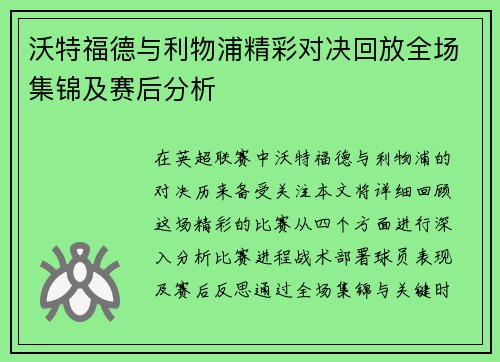 沃特福德与利物浦精彩对决回放全场集锦及赛后分析