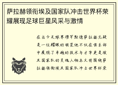 萨拉赫领衔埃及国家队冲击世界杯荣耀展现足球巨星风采与激情