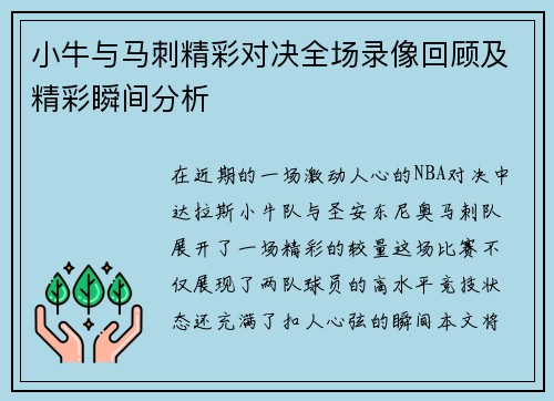 小牛与马刺精彩对决全场录像回顾及精彩瞬间分析