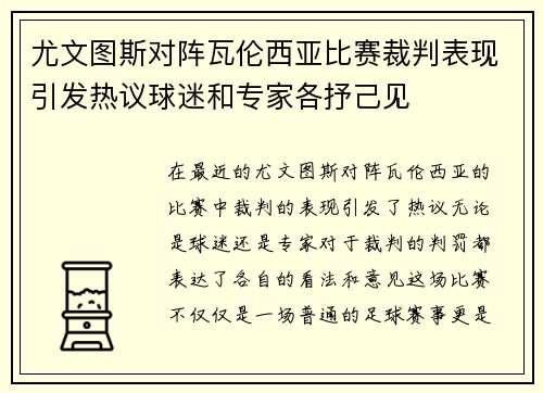 尤文图斯对阵瓦伦西亚比赛裁判表现引发热议球迷和专家各抒己见