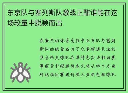 东京队与塞列斯队激战正酣谁能在这场较量中脱颖而出