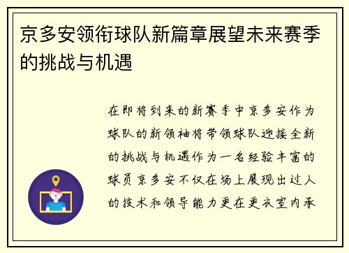 京多安领衔球队新篇章展望未来赛季的挑战与机遇
