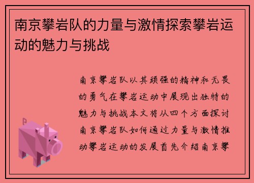 南京攀岩队的力量与激情探索攀岩运动的魅力与挑战